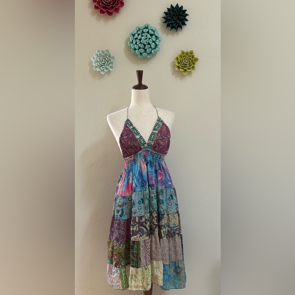 Stunning Zury Silk Bohemian Patchwork Festival Halter Midi Sundress o/s